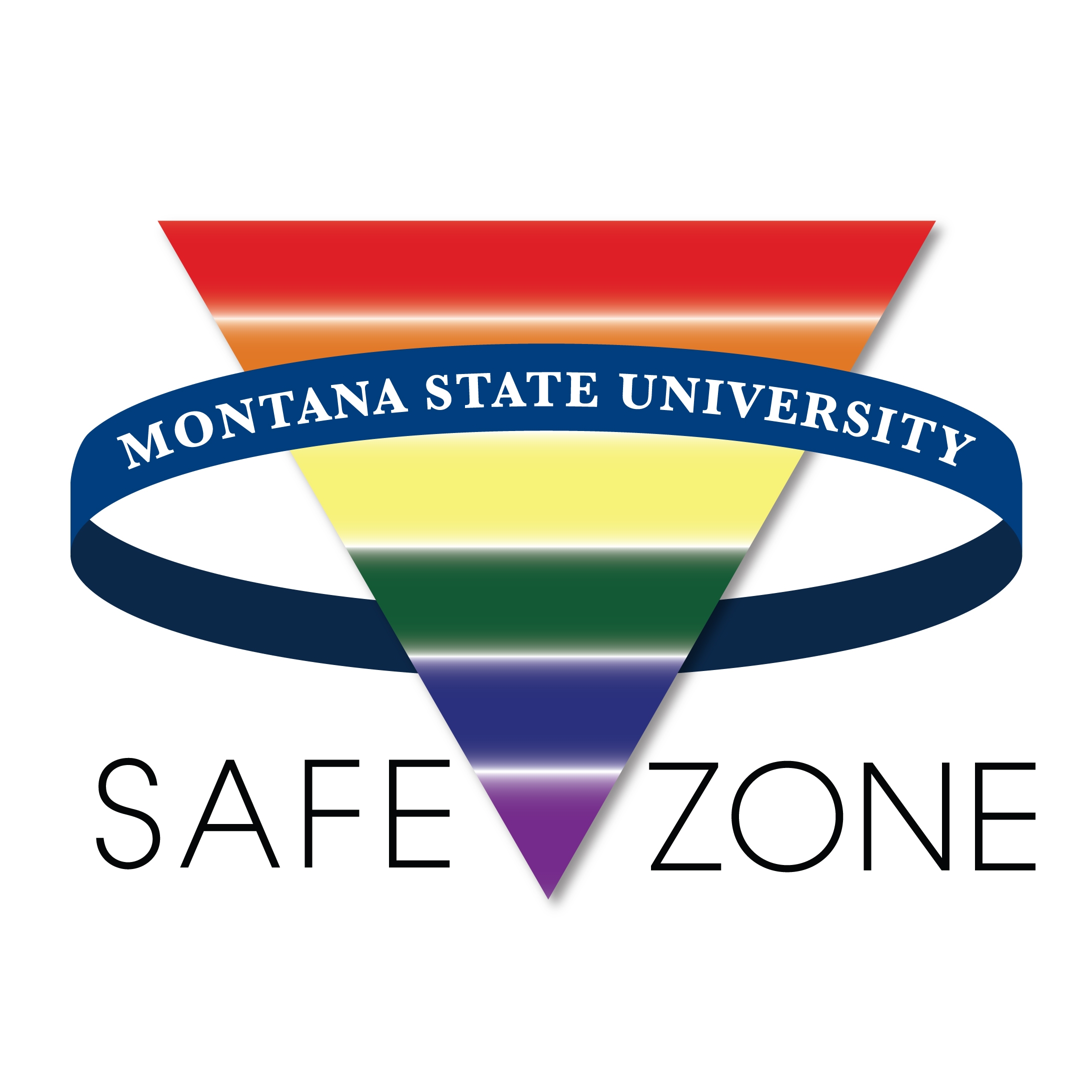 upside down triangle in rainbow colors, with text Safe Zone at Montana State University