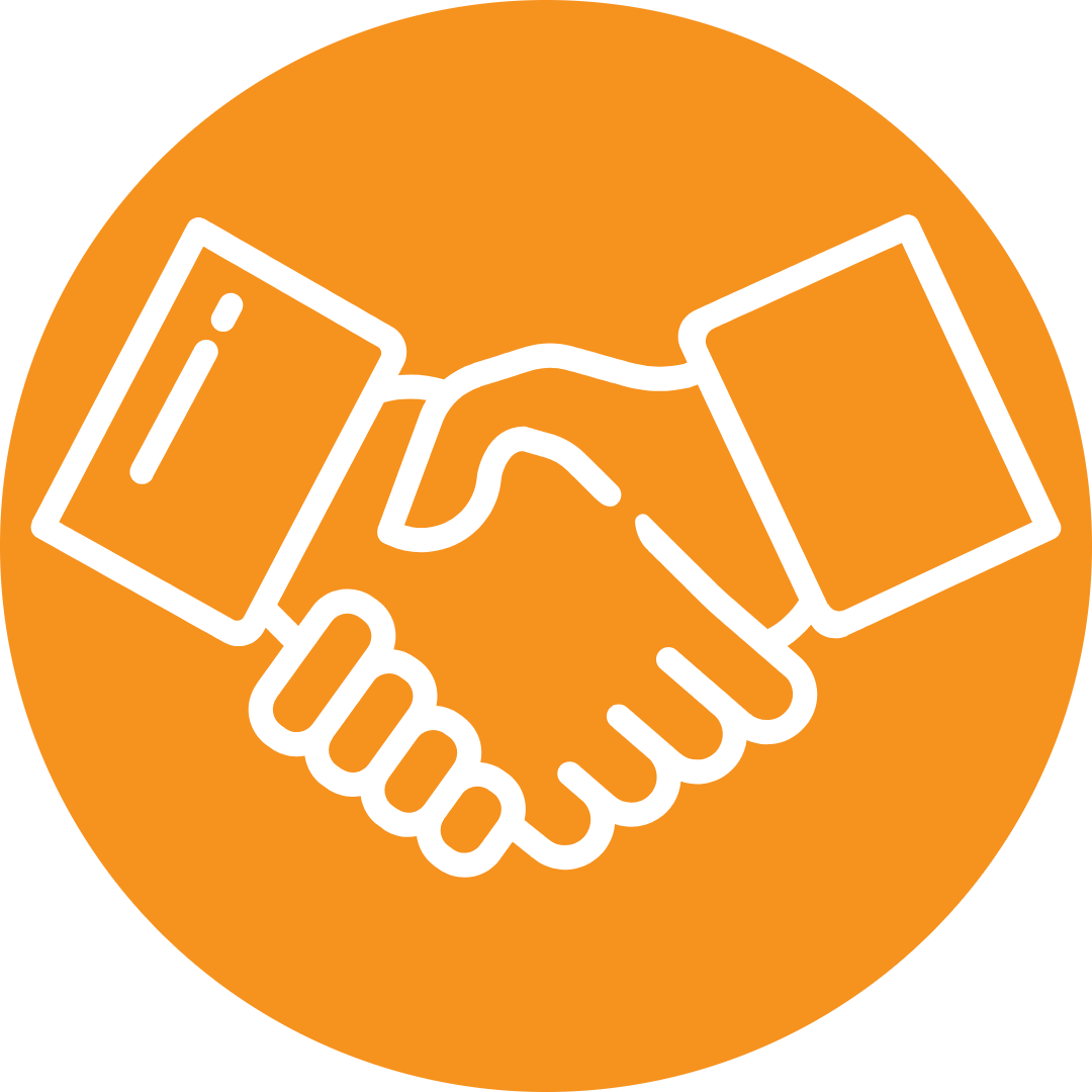 An icon of a handshake on an orange circle background