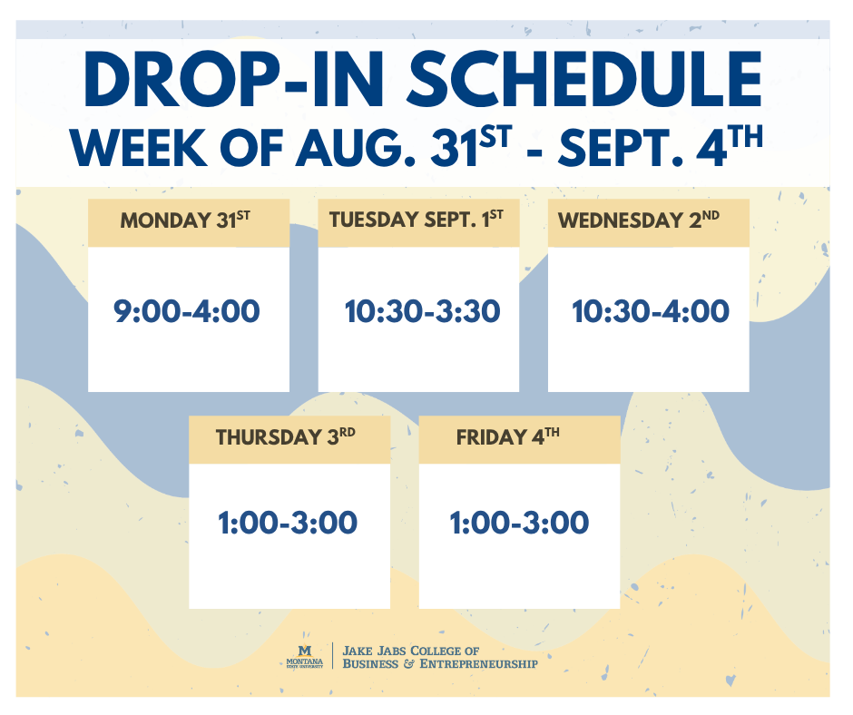 Jabs Advising Drop-In Schedule Week of August 31st to September 4th, 2026. Monday: 9am-4pm, Tuesday: 10:30am-3:30pm, Wednesday: 10:30am-4pm, Thursday: 1pm-3pm, Friday: 1pm-3pm