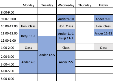 EGEN 201 tutoring schedule in weekly table format