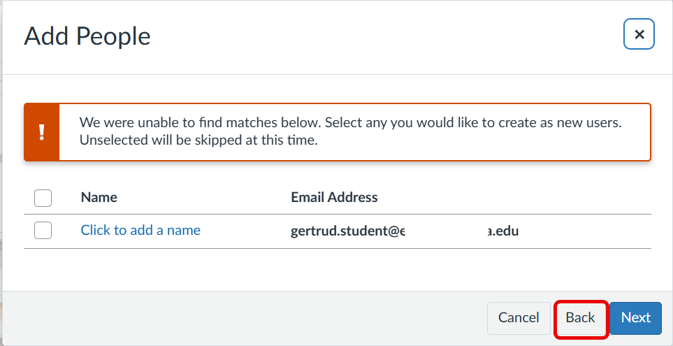Canvas Add People window showing an unsuccessful user lookup. The selected user is listed with their name and email address entered, and the Back button is outlined to complete the enrollment.