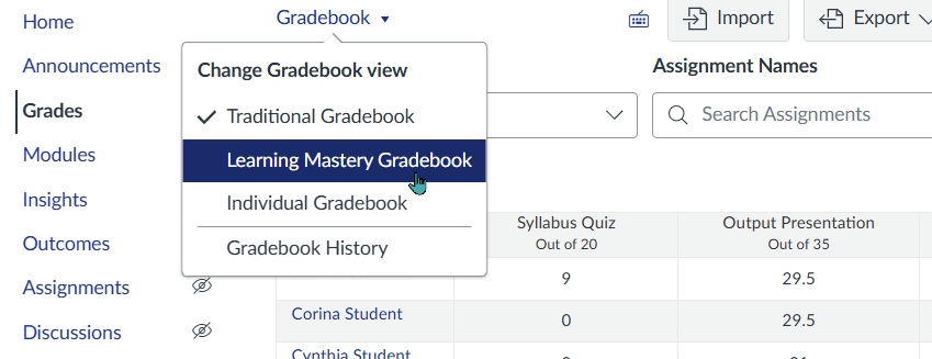 Canvas Grades page with the Learning Mastery Gradebook option selected from the Gradebook dropdown menu