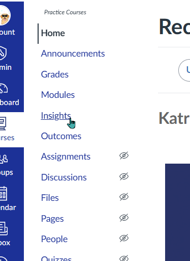 Canvas Course Navigation menu with the Insights link highlighted