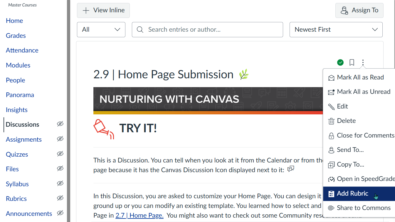 Canvas discussion page with the three dots menu expanded and the Add Rubric option highlighted for a specific discussion