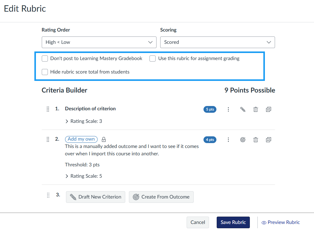Canvas Edit Rubric page with the checkbox options below the Scoring menu highlighted, including Use this rubric for assignment grading and Hide rubric score total from students