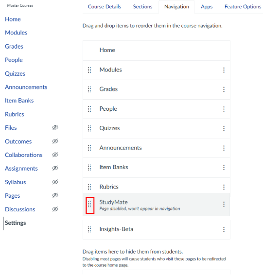 canvas navigation page with list of enabled and disabled features