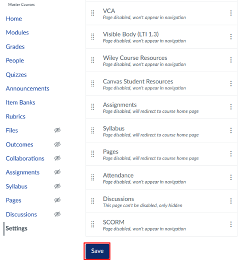 save button outlined in red in the course navigation