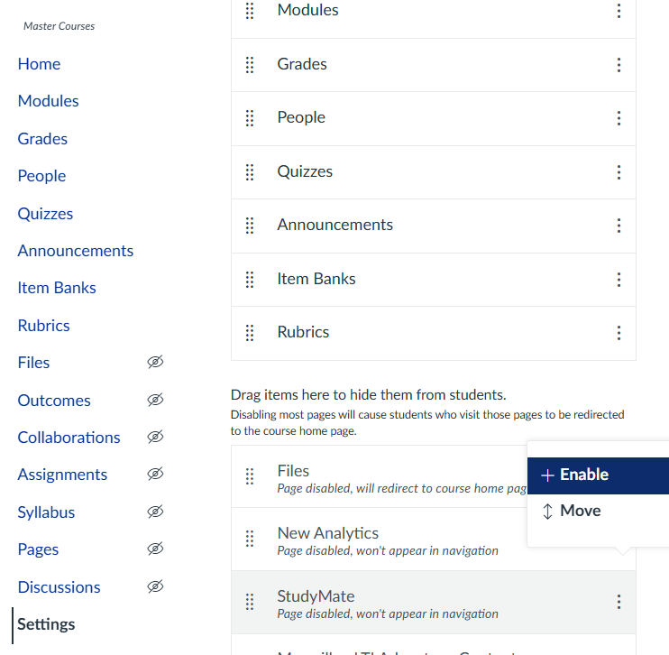 course navigation with the enable highlighted for studymate 