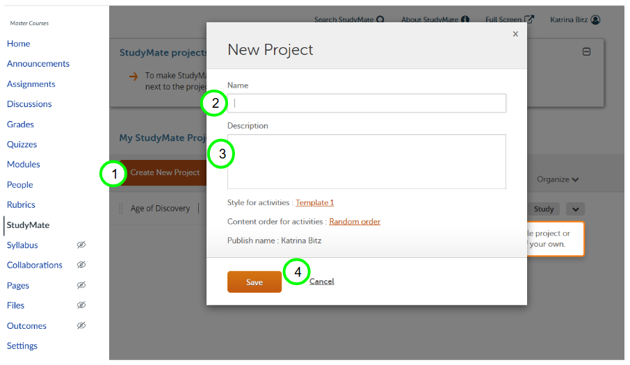 New studymate settings page with blank fields to fill in about project