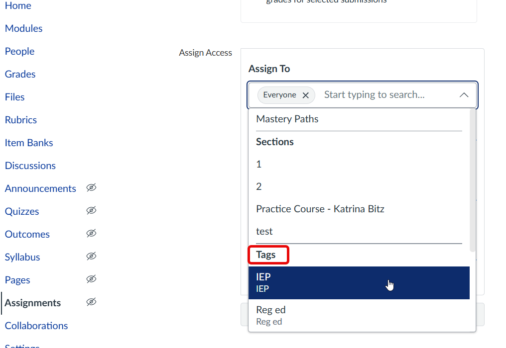 Assign to area of a Canvas assignment with a dropdown and the area Tags outlined in red