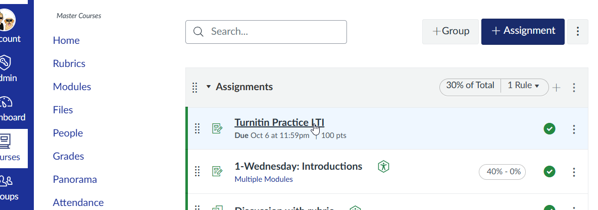 Assignment page of Canvas with an assignment titled Turnitin LTI in focus