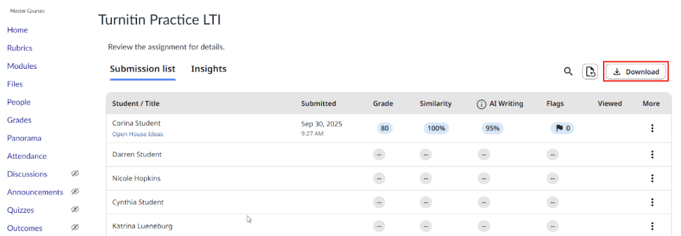 Turnitin Feedback Submission Page with the download button outlined in red