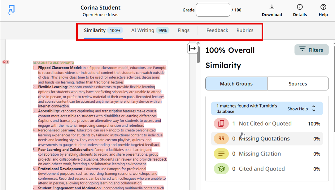example paper in similarity report with similarity, flags, AI report, rubrics, and feedback outlined in red