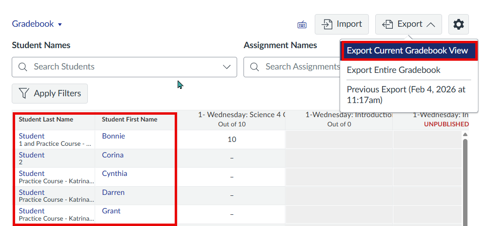 View of Canvas gradebook with the column of students on the left side outlined in red and the dropdown from the export button showing two options