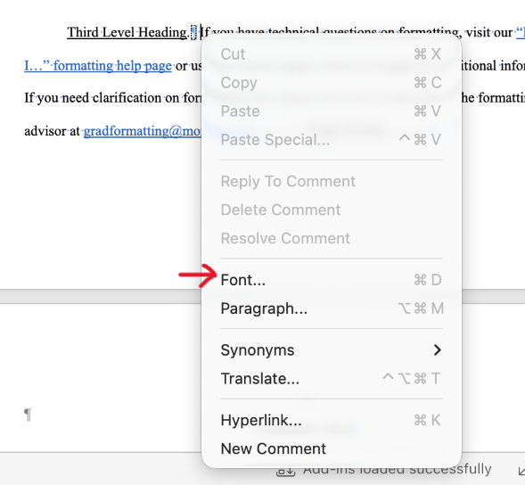 Image showing the "font" option after two finger clicking.