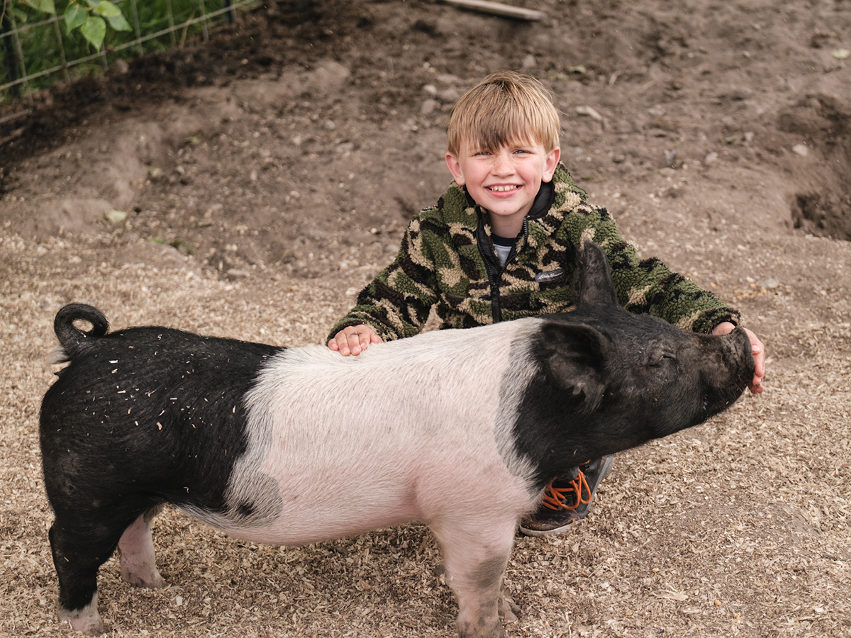 4-H member crouched next to a pig
