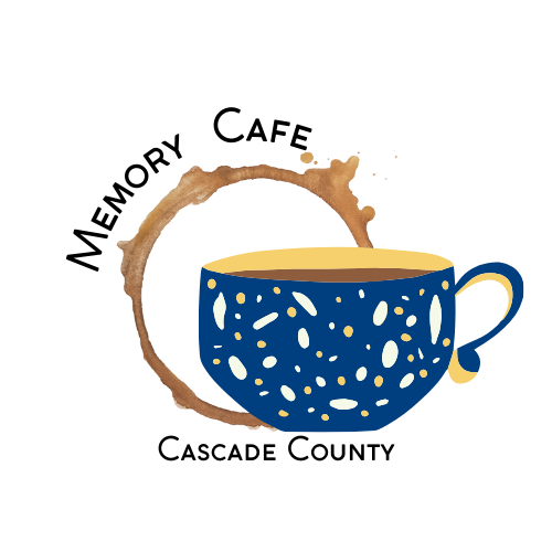 Memory Cafe Logo Blue and yellow cup with white and yellow spots full of coffee with a coffee ring in the background. Text Memory Cafe archs over the top of the ring and Cascade County in below the cup