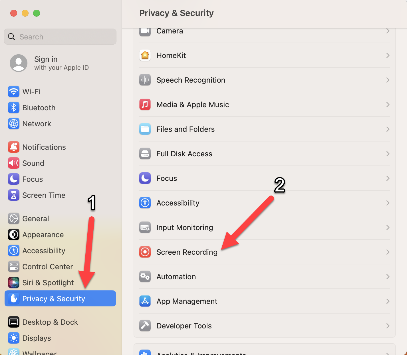 ShareLink Mac Settings 1 Mac privacy and security settings with the screen recording section highlighted