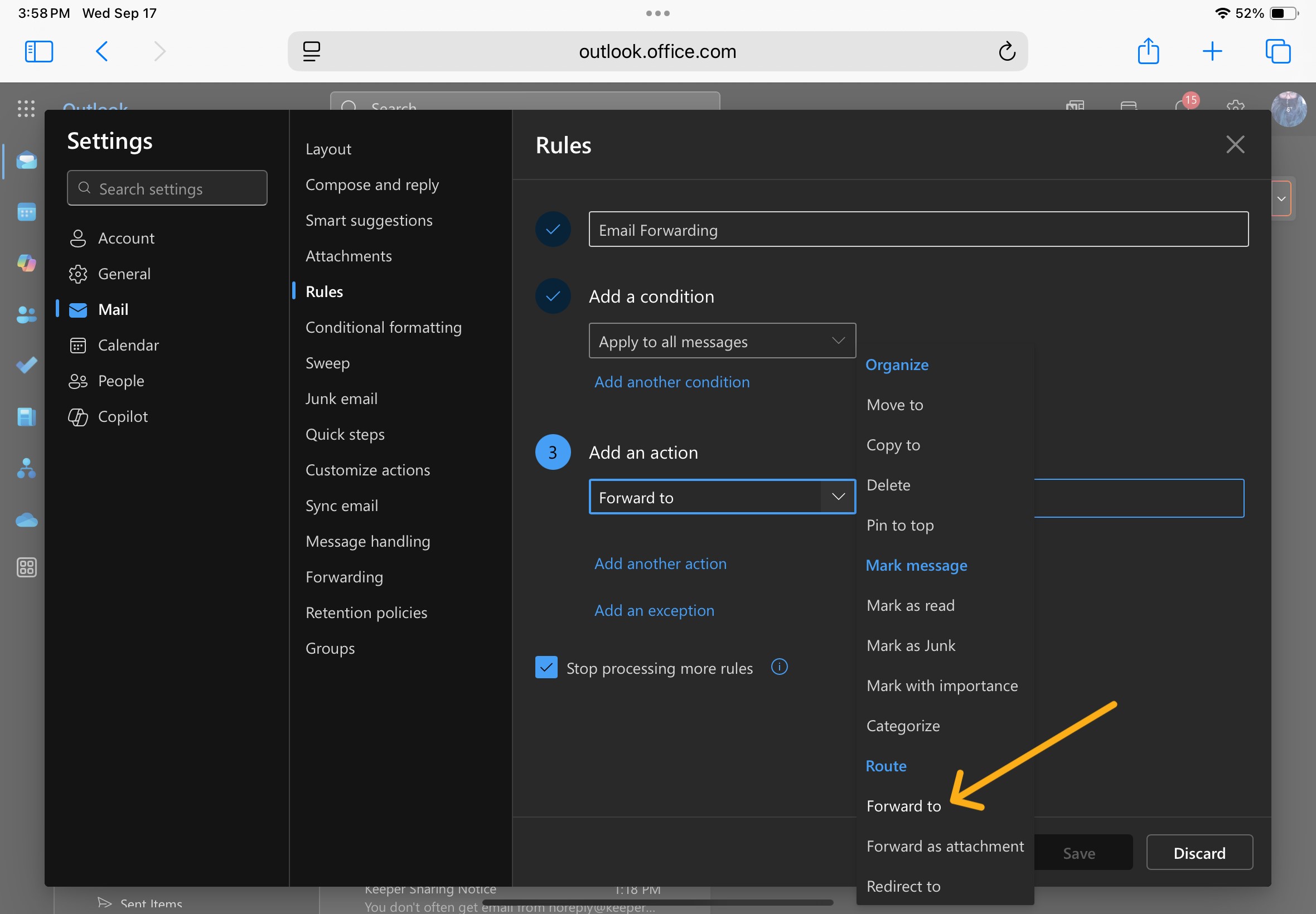 Rules tab with add action box filled in with "forward to:.