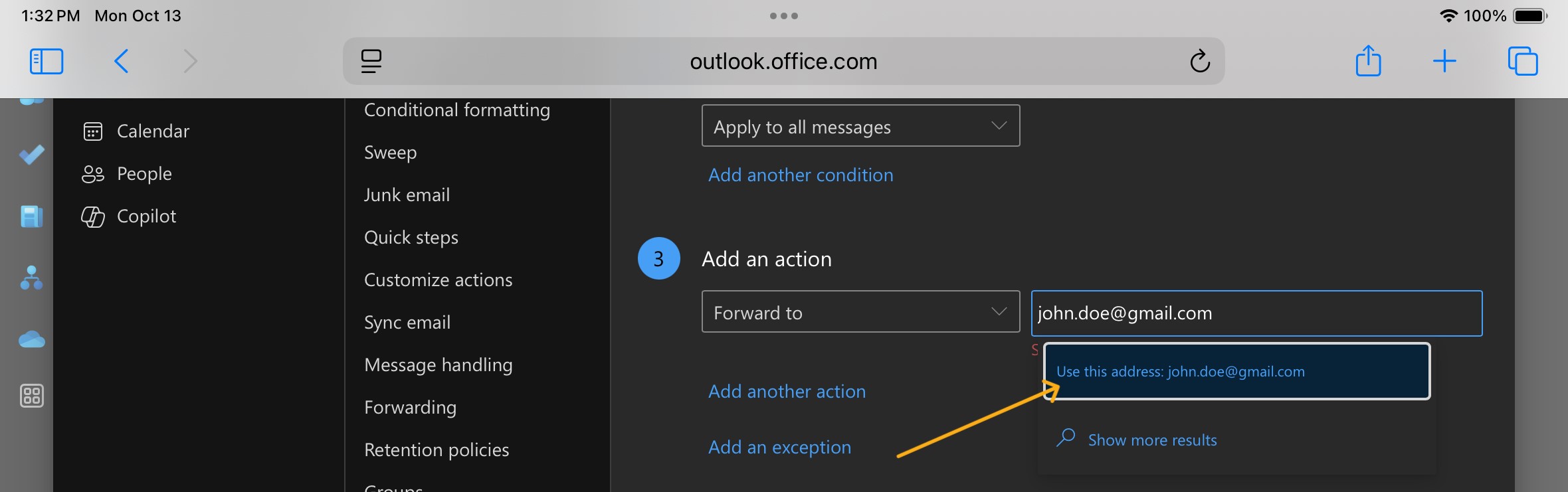 Rules tab with "john.doe@gmail.com" typed in the forwarding email box.