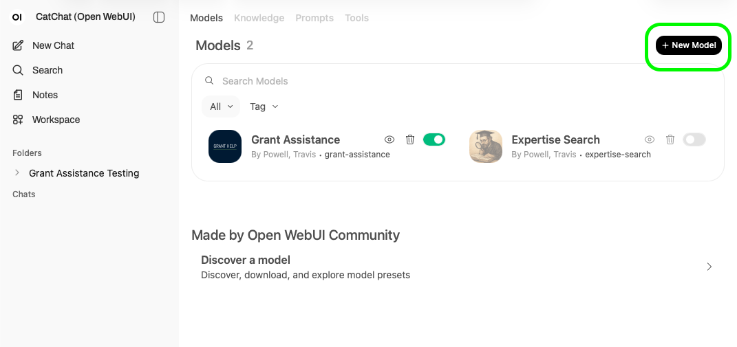 Workspace > Model  with Green squircle around '+ New Model'