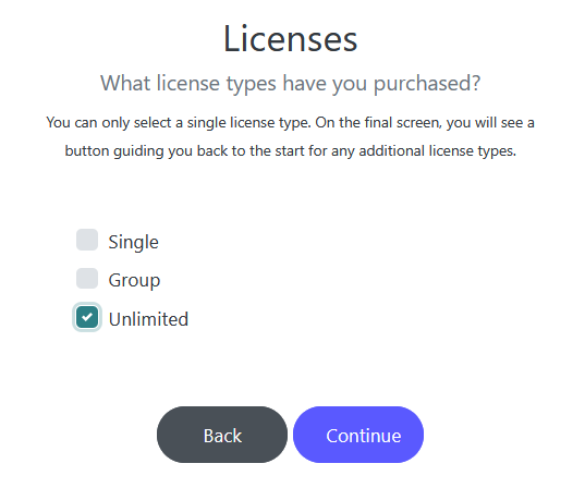 White background with black text saying "Licenses" at the top with a list of license choices available: Single, Group, or Unlimeted. The Unlimited box is checked. There are buttons for Back and Confirm at the bottom.