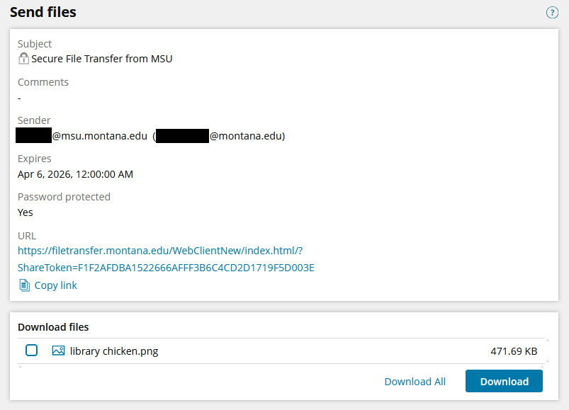 Screenshot of a simple white page with the title "Send files" in the upper left corner. Below the title is a list of the following information: Subject - Secure File Transfer from MSU. Comments - [empty]. Sender - NetID@msu.montana.edu (first.last@montana.edu). Expires - Apr 6, 2026, 12:00:00 AM. Password protected - yes. URL - [link to share]. There is an option to copy the link below it. At the bottom of the page is a section titled "Download files". In this section, a single file is listed titled "library chicken.png" with a check box on its left and a file size of 471.69 KB at the far right. At the bottom right of the screen are two buttons: one white with blue text reading "Download all", the other one blue with white text reading "Download".