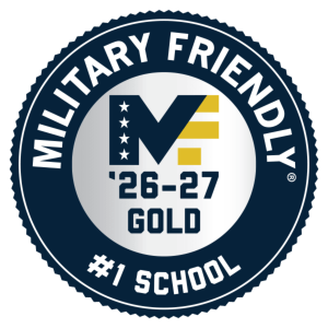 Image of a badge that reads "Miltary Friendly 26-27 Gold: #1 School."